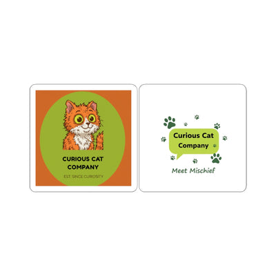 Curious Cat Company Kiss-Cut Stickers — Orange Cat Logo & Paw Print Decals