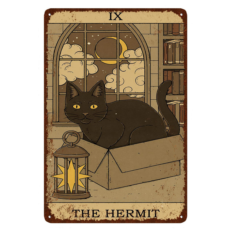 Vintage Black Cat Tin Sign Retro Tarot Card Metal Sign Poster Wall Art Decor Bathroom Dorm Room Home Decor Gifts for Cat Lover - Hermit