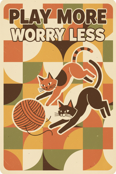 Retro poster of two cats playing with yarn and bold typography