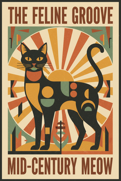Bold retro vintage poster of a black cat with geometric shapes