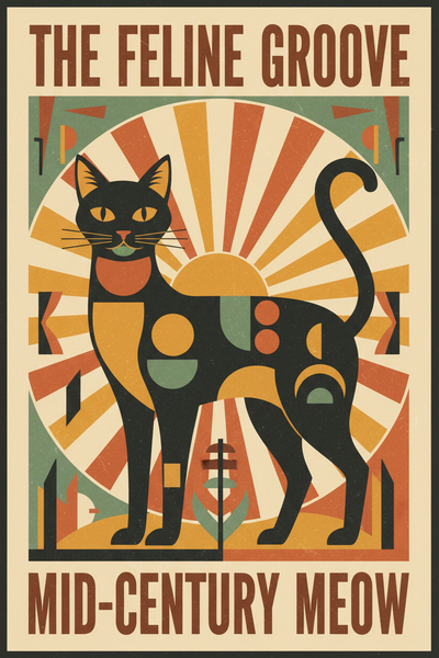 Bold retro vintage poster of a black cat with geometric shapes